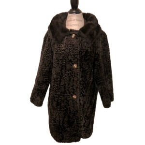 1960s Sheared Faux Fur Pea Coat Single Breasted 3 Button w Collar M/L Vintage